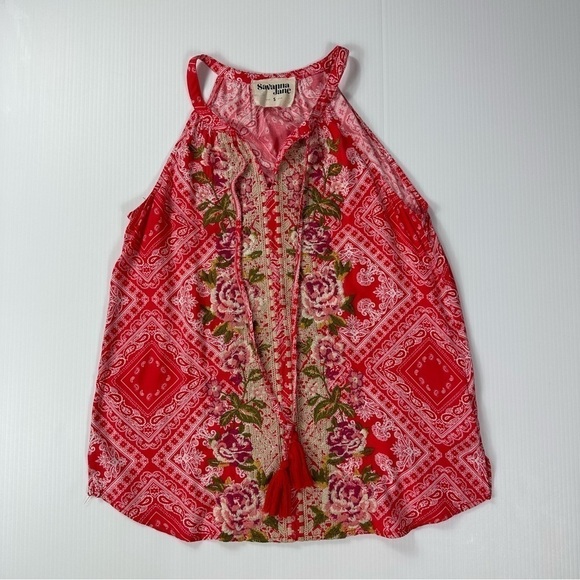 Savanna Jane Sz S  Bandana Red Bohemian Embroidered Floral Sleeveless Tank Top - Picture 6 of 12